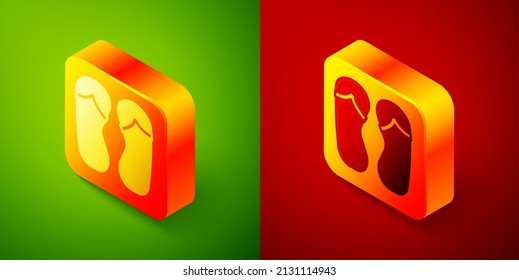 Isometric Flip flops icon isolated on green and red background. Beach slippers sign. Square button. Vector