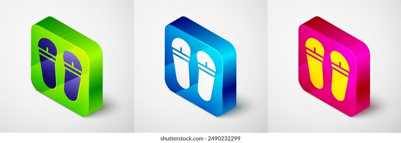 Isometric Flip flops icon isolated on grey background. Beach slippers sign. Square button. Vector