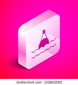 Isometric Floating buoy on the sea icon isolated on pink background. Silver square button. Vector Illustration