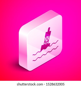 Isometric Floating buoy on the sea icon isolated on pink background. Silver square button. Vector Illustration