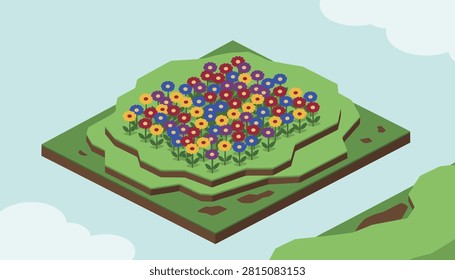 Isometric floating green land patch filled with colorful blooming flowers of red yellow and blue colors in the sky with clouds.
