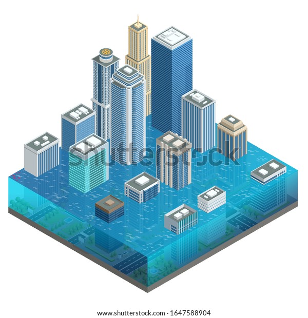 Isometric flooded city, flood, global warming.\
City floods and cars with garbage floating in the water. High and\
fast water.