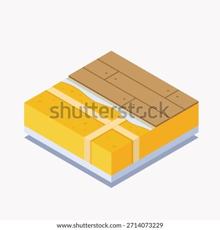 Isometric floor insulation cross-section icon. Vector illustration of wooden floorboards over yellow thermal foam layers. Building construction detail for energy efficiency concepts.