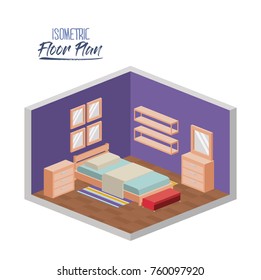 Isometric Floor Plan Of Bedroom Single Bed In Colorful Silhouette