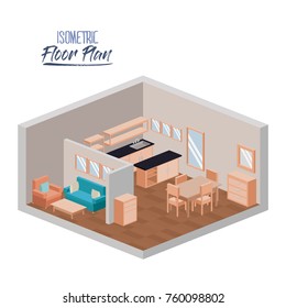 Plan isométrico del piso de la sala de estar y del interior de la cocina