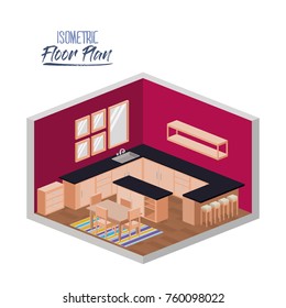 isometric floor plan of kitchen with big worktop and dining room with carpet in colorful silhouette