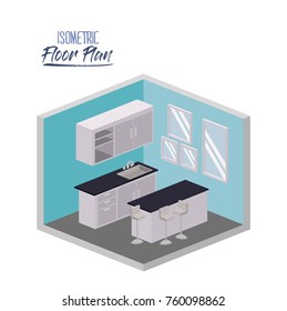 isometric floor plan of kitchen with worktop and cabinet in colorful silhouette