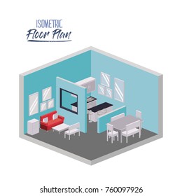 isometric floor plan of living room and dining room and kitchen in colorful silhouette