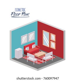 isometric floor plan of living room with carpet in colorful silhouette