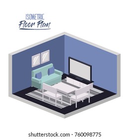 isometric floor plan of lounge room with carpet and television in colorful silhouette