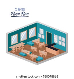 isometric floor plan of school canteen in colorful silhouette