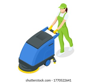 Isometric floor washing machine isolated on white background. Floor care and cleaning services. Woman worker cleaning floor washing vacuum cleaning.