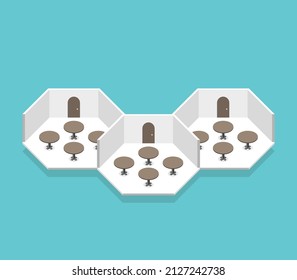 Isometric Floorplan Of Hexagonal Rooms With Tables. Modern Minimal Interior, Event Planning And Separate Small Groups Concept. Flat Design. EPS 8 Vector Illustration, No Transparency, No Gradients