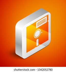 Isometric Floppy disk in the 5.25-inch icon isolated on orange background. Floppy disk for computer data storage. Diskette sign. Silver square button. Vector Illustration
