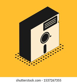 Isometric Floppy disk in the 5.25-inch icon isolated on yellow background. Floppy disk for computer data storage. Diskette sign.  Vector Illustration