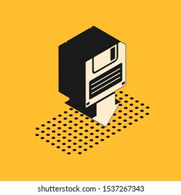 Isometric Floppy disk backup icon isolated on yellow background. Diskette sign.  Vector Illustration