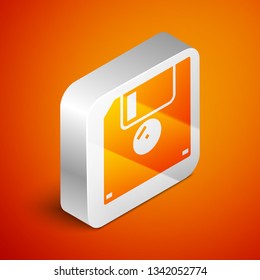 Isometric Floppy disk for computer data storage icon isolated on orange background. Diskette sign. Silver square button. Vector Illustration