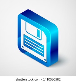 Isometric Floppy disk for computer data storage icon isolated on white background. Diskette sign. Blue square button. Vector Illustration