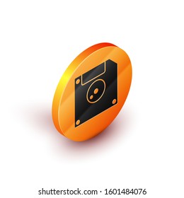 Isometric Floppy disk for computer data storage icon isolated on white background. Diskette sign. Orange circle button. Vector Illustration