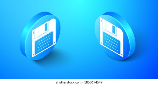 Isometric Floppy disk for computer data storage icon isolated on blue background. Diskette sign. Blue circle button. Vector.