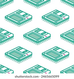 Isometric Floppy Magnetic Disk Seamless Pattern. Vector Illustration. Diskette on white Background. Retro Electronic Storage Device. Concept 80s and 90s.