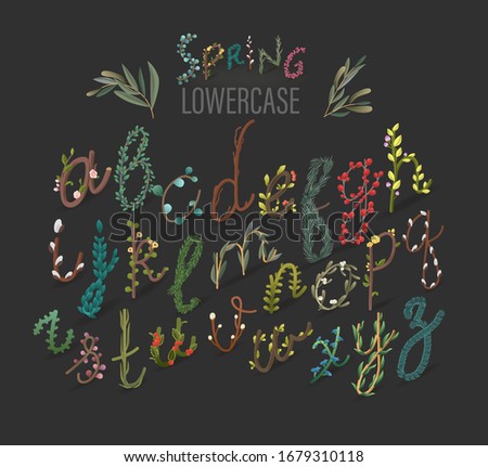 Isometric floral spring alphabet. Light 
feminine set of branches and flowers. Handcrafted lowercase woman typeface. Gentle vector letters for girls