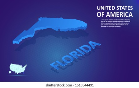 Isometric FLORIDA State map on blue and glowing background. 3D Detailed Map in perspective with place for your text or description.Technology Information Graphic Elements for Website, app, UI, Travel