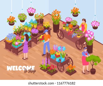 Isometric Florist Background With View Of Indoor Venue And Flover Vendors Selling Bough-pots With Text Vector Illustration