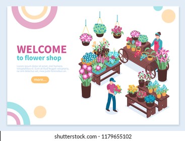 Isometric Florist Concept Banner Composition With Editable Text Description Read More Button And Flower Selling Stalls Vector Illustration