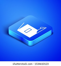 Isometric Flour pack icon isolated on blue background. Blue square button. Vector Illustration