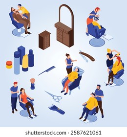 Isometric flowchart with barbershop interior objects tools stylists and clients on blue background 3d illustration