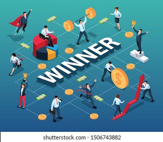 Isometric flowchart with winner successful businessmen icons on blue background 3d vector illustration