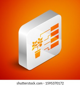 Isometric Flower analysis icon isolated on orange background. Silver square button. Vector Illustration