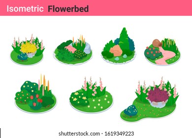 Isometric Flower Bed Flat Vector Collection. Garden Bed Flowerbed Landscape Design Elements.