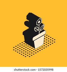 Isometric Flower in pot icon isolated on yellow background. Plant growing in a pot. Potted plant sign.  Vector Illustration