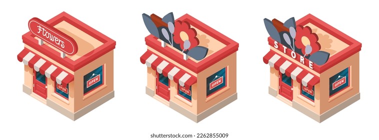 Isometric Flower shop. 3d shop icons. Store icons set. Vector clipart isolated on white background.