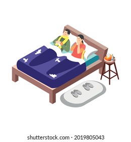 Isometric flu icon with couple of sick people lying in bed 3d vector illustration