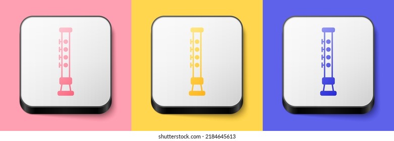 Isometric Flute icon isolated on pink, yellow and blue background. Musical instrument. Square button. Vector