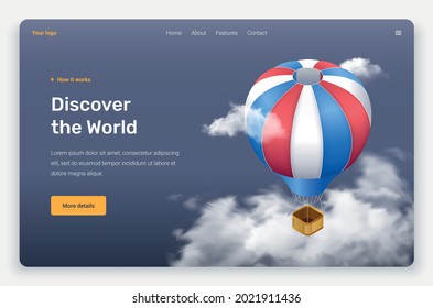 Isometric flying air balloon and clouds. Landing page template.