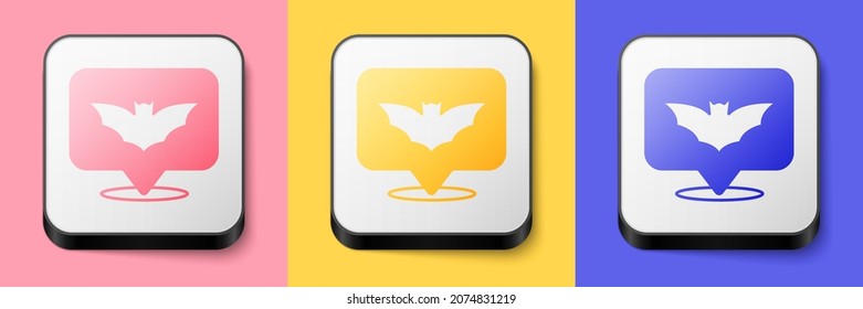 Isometric Flying bat icon isolated on pink, yellow and blue background. Happy Halloween party. Square button. Vector