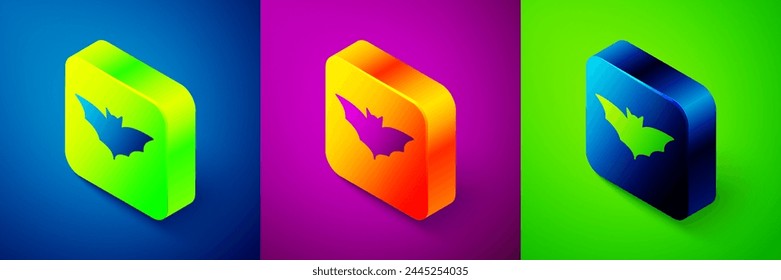 Isometric Flying bat icon isolated on blue, purple and green background. Happy Halloween party. Square button. Vector