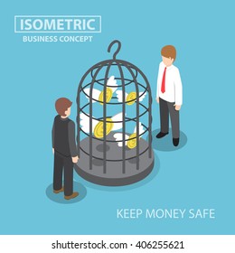 Isometric Flying Dollar Trapped In Bird Cage, Keeping Money Safe, Saving Money, Financial Concept, VECTOR, EPS10