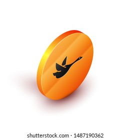 Isometric Flying duck icon isolated on white background. Orange circle button. Vector Illustration