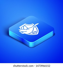Isometric Flying duck on shield icon isolated on blue background. Hunting trophy on wall. Blue square button. Vector Illustration