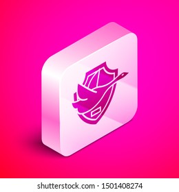 Isometric Flying duck on shield icon isolated on pink background. Hunting trophy on wall. Silver square button. Vector Illustration