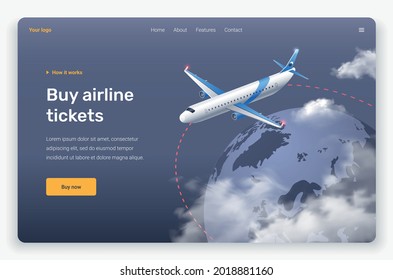 Isometric flying plane and clouds above earth. Landing page template.