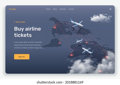 Isometric flying plane and clouds above continents. Landing page template.