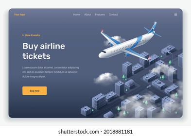 Isometric flying plane and clouds above the city. Landing page template.