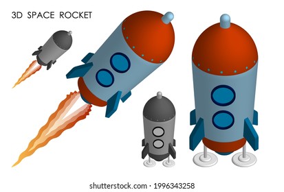 cohete espacial volador isométrico. Vuelos a Marte, Luna y planetas del sistema solar. Tecnologías para la exploración espacial. Vector 3D realista