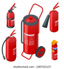 Isometric foam extinguishers, fire extinguishers isolated on white background. Fire safety and protection